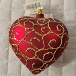 Y2K Pier 1 Red Glass Heart Ornament Gold Glitter Swirl Dainty‎ Christmas Holiday